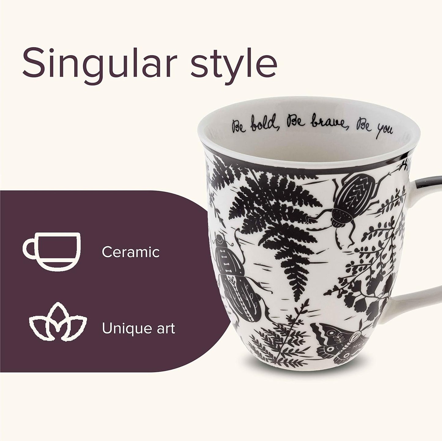 Karma Gifts 16 oz Black and White Boho Mug Beetle - Cute Coffee and Tea Mug - Ceramic Coffee Mugs for Women and Men