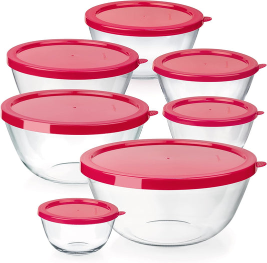 7 Stackable Space-Saving Nesting Glass Bowls with Pink Lids for Foodprep, Storage, Baking, Mixing & Cooking, Microwave Safe - Durable Inert Borosilicate Glass
