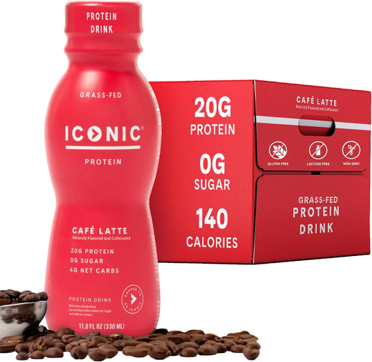 Iconic Protein Drinks, Café Latte (12 Pack) - Sugar Free & Low Carb - 20g Protein + 100mg Caffeine - Lactose Free, Gluten Free - Keto Friendly Protein Coffee