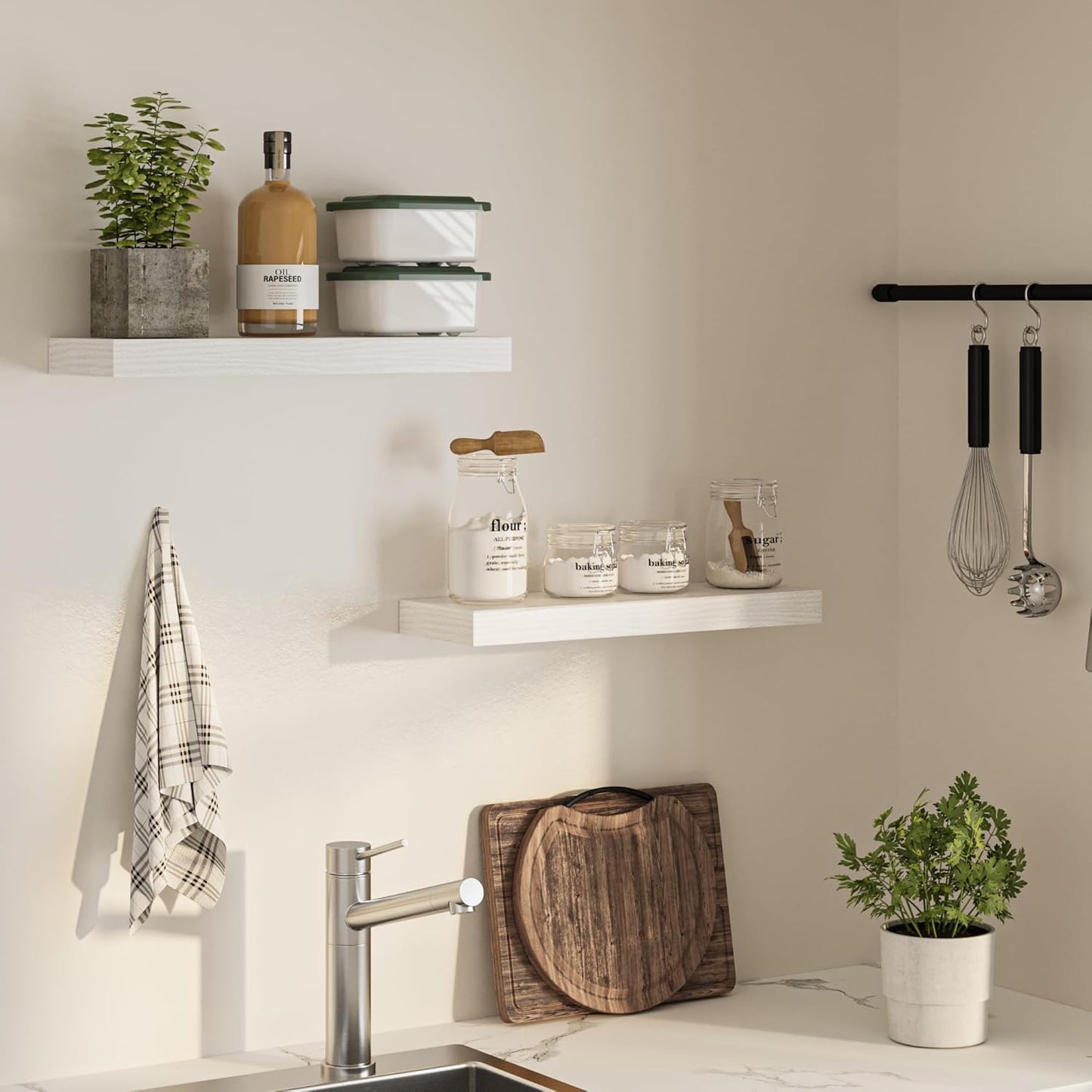 Floating Shelves for Wall, 24" W x 6.7" D x 1.5" H, Wooden Wall Mounted Display Shelves with Invisible Brackets for Living Room, Bedroom, Bathroom, Kitchen Decor and Storage, Set of 2, White