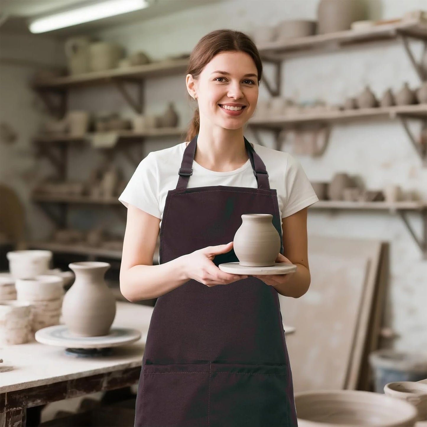 Kitchen Bib Apron for Women Men with Pockets Chef Art Aprons for Cooking Painting Pottery Ceramics