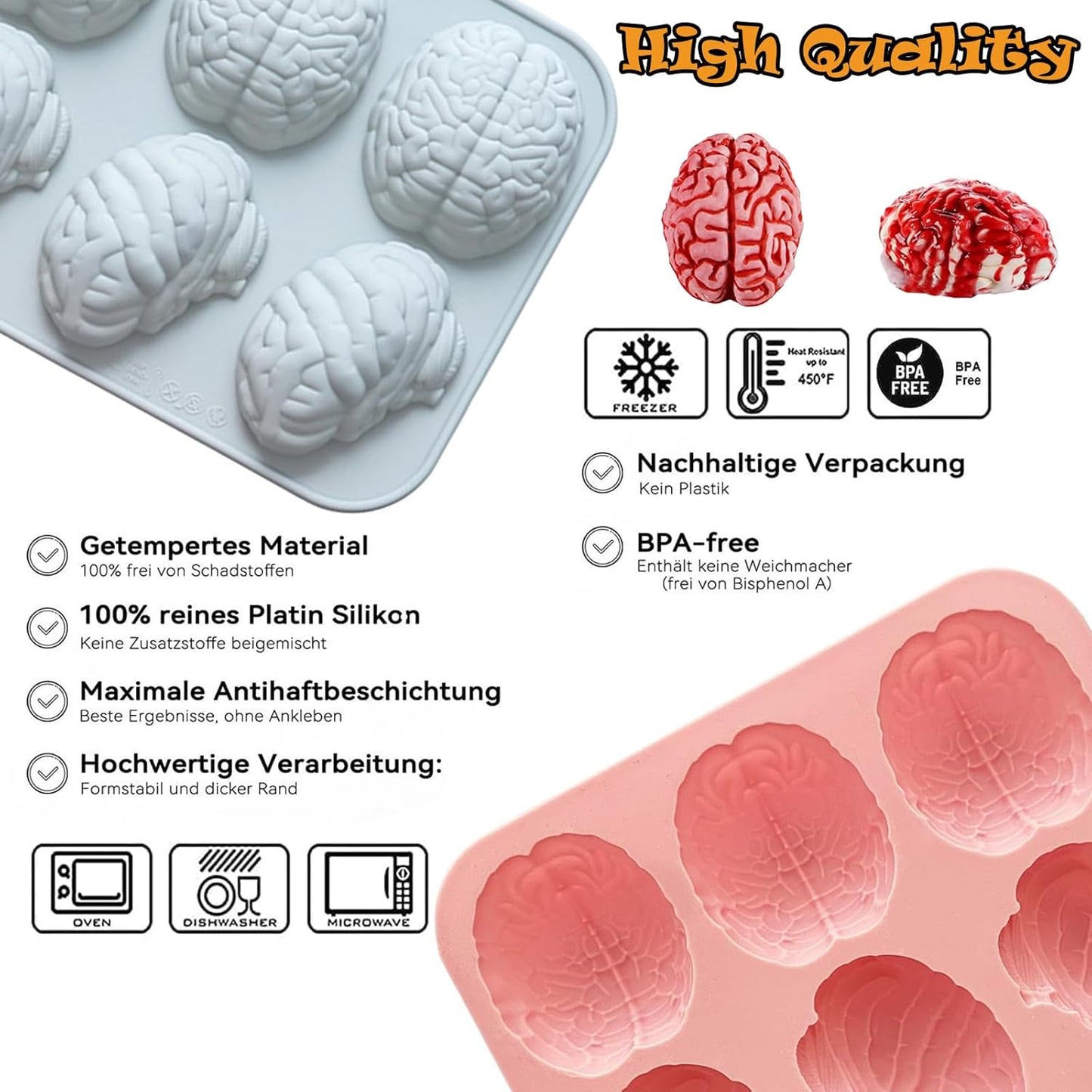 Halloween Molds Silicone for Chocolate 2 Pack, 3D Halloween Chocolate Candy Brain Mold for Cake Cupcake Decorating 12 Cavity