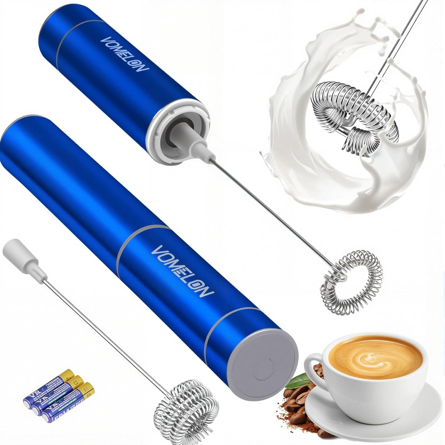 Milk Frother Handheld, Battery Operated Coffee Foamer Drink Mixer with 2 Stainless Steel Electric Whisks for Coffee, Latte, Cappuccino, Hot Chocolate, Protein，Egg Batteries Included,Blue