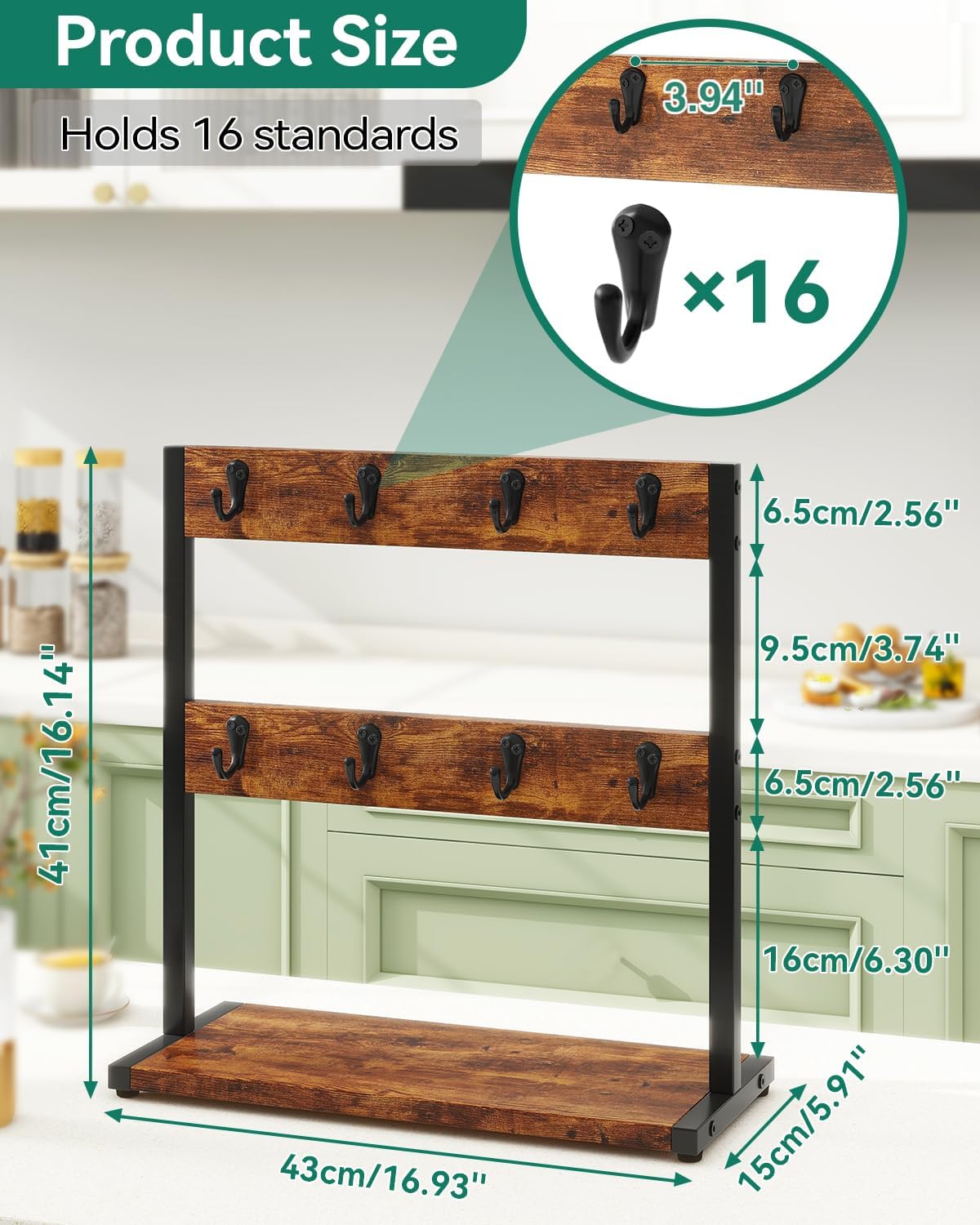 IBUYKE Wood Coffee Mug Holder for Countertop,16 Hook Mug Tree Holder Rack with Storage Base,Mug Display Organizer,Mug Holders for Home Kitchen, Rustic Brown UTBJ001H