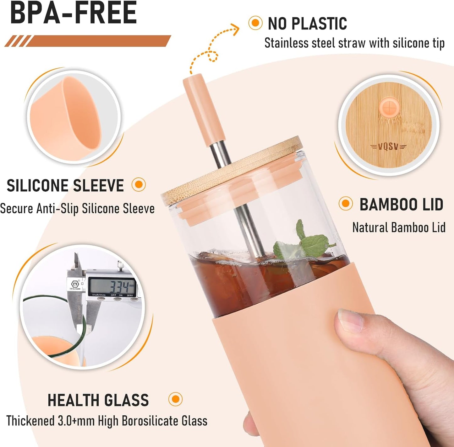 Glass Tumbler w/Lids & Straw - 24oz Reusable Mug w/Bamboo Lid & Stainless Steel Straw - BPA-Free, Leak-Proof, Dishwasher Safe for Coffee, Smoothies, Hot Beverages, Travel, Office, Home Use,1-PK