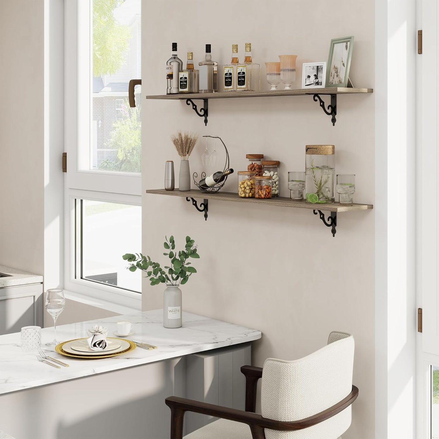 RICHFOCUS Floating Shelves for Wall Decor, 47.3W x 8D Shelves Set of 2, 8 Inch Deep Rustic Wood Shelves Wall Mounted with Brackets, Long Floating Shelves for Living Room Bedroom Kitchen, Grey