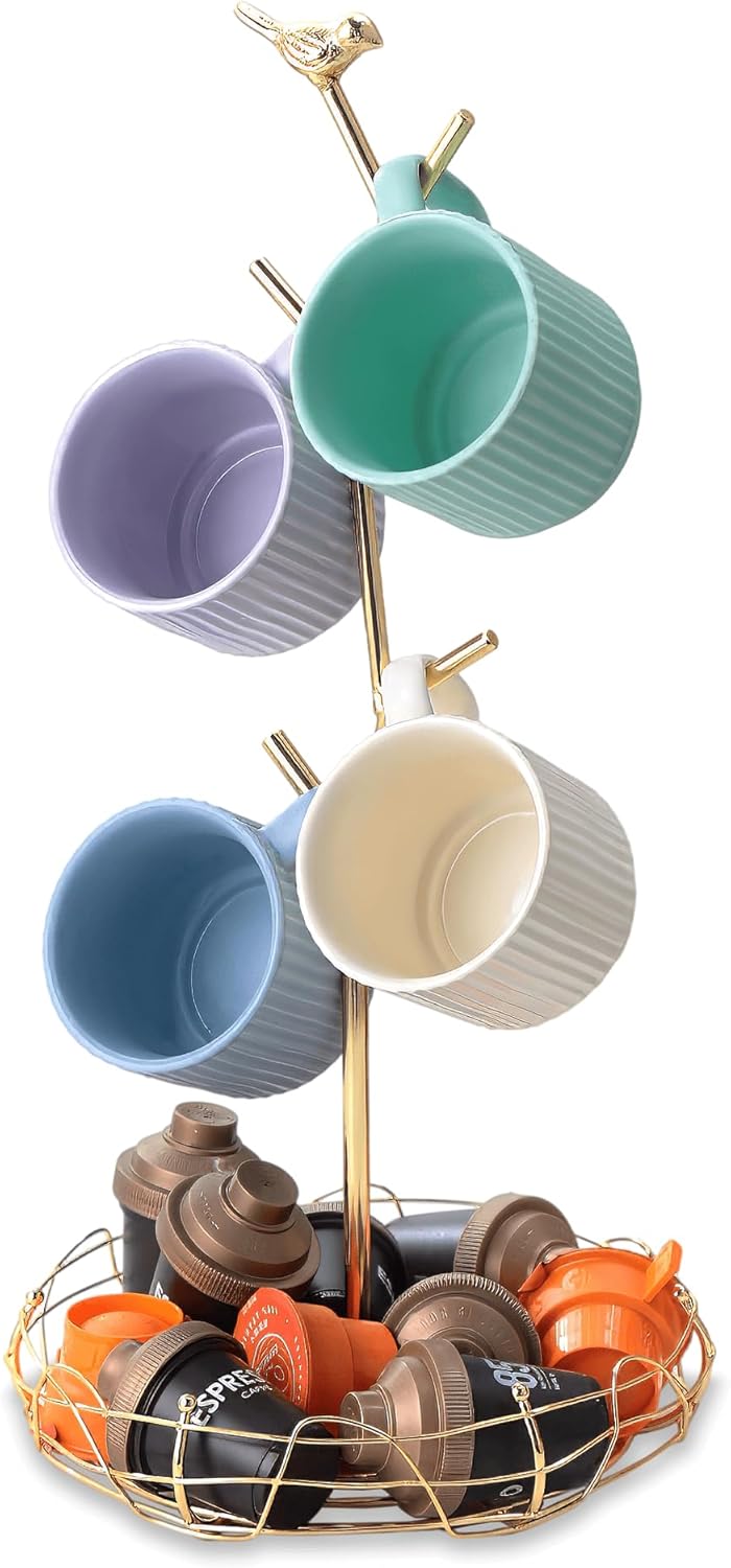 Gold Mug Holder & Mug Tree for Countertop, Decorative Bird Mug Rack for Counter Large Mugs with Nest Storage Basket, Coffee Cup Stand for Coffee Bar Accessories & Jewelry