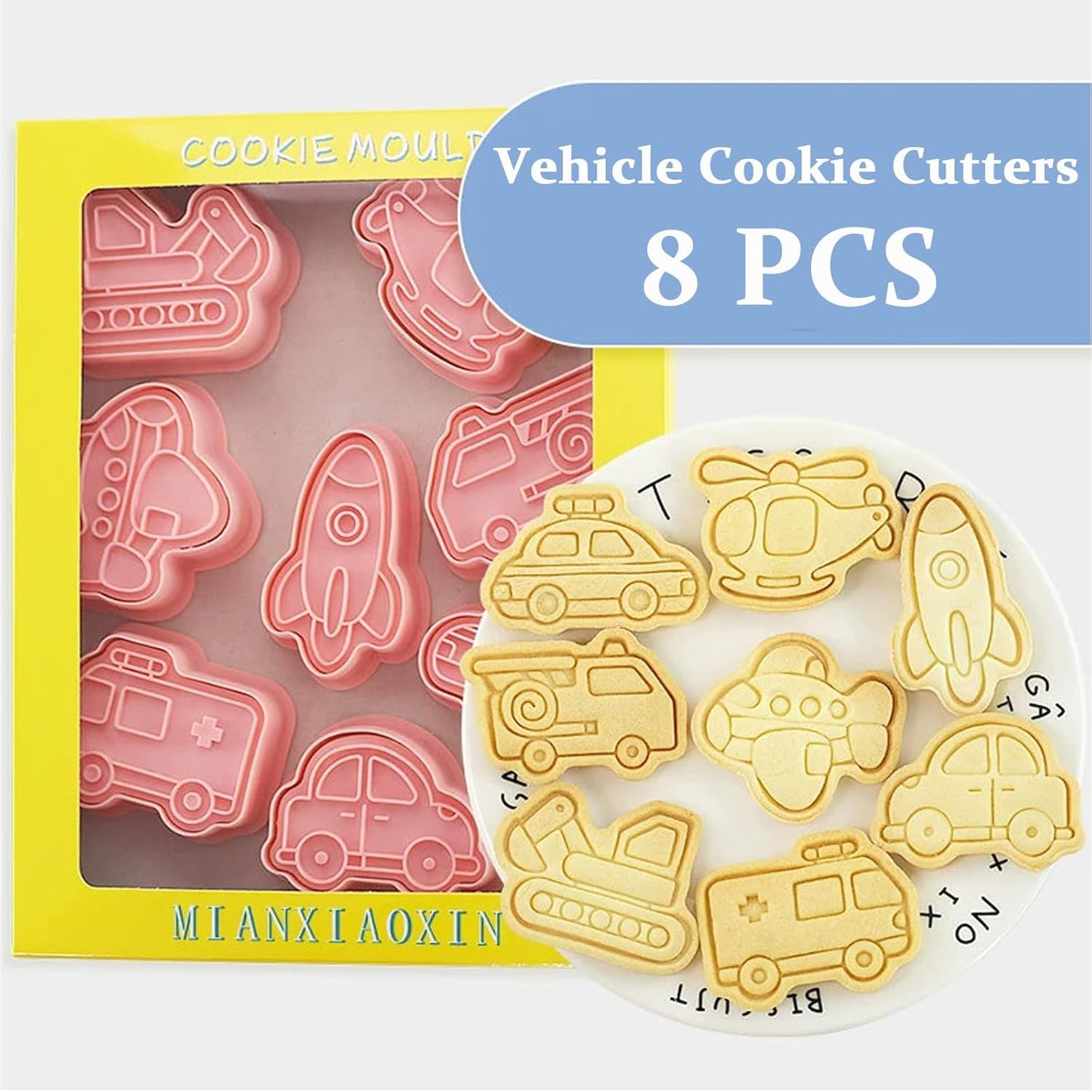 8Piece Vehicle Cookie Cutters Set,3D Transport-Themed Plastic Baking Molds for Cookies, Fondant, Cheese – Includes Plunger Stamp for Embossing (E)