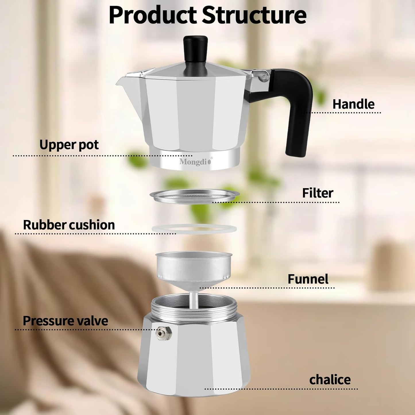 Mongdio Stovetop Espresso Maker Moka Pot, Stove Top Cuban Coffee Maker, Italian Greca Mocha Pot, 3 Espresso Cups, 5 oz - Silver