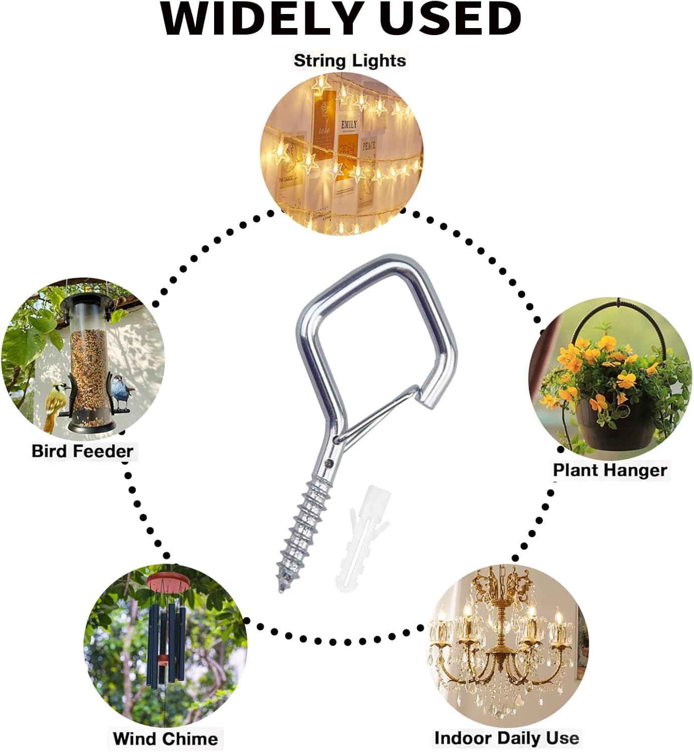 50 PCS Sliver Eye Screw Hooks for Hanging Heavy Duty with Safety Buckle.Metal Ceiling Hooks for Hanging Plants Cup Wind Chime Bird Feeders Patio Lights at Indoor&Outdoor