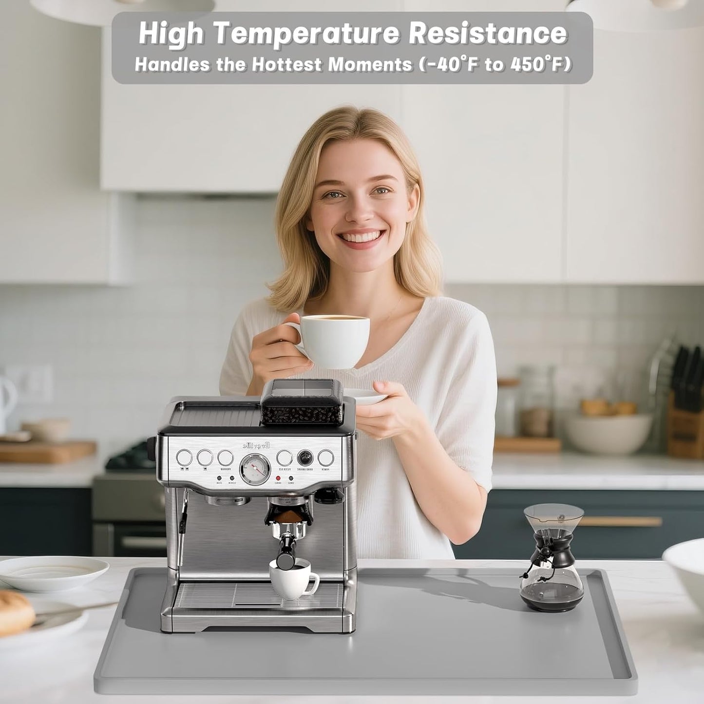 Rnivvi Silicone Coffee Mat, 16" x 24" Waterproof Raised Edge Coffee Bar Mats for Espresso Machine Station Accessories, Heat Resistant Dish Drying Pad for Kitchen Counter, Rubber Bar Decor Pad, Gray