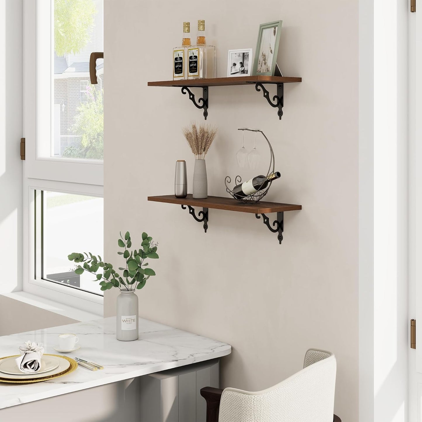 RICHFOCUS Floating Shelves for Wall Decor, 24Inch Wall Shelves Set of 2, 24W x 8D Floating Shelves Wall Mounted with Metal Brackets, Rustic Wood Shelves for Living Room Bedroom Kitchen, Walnut