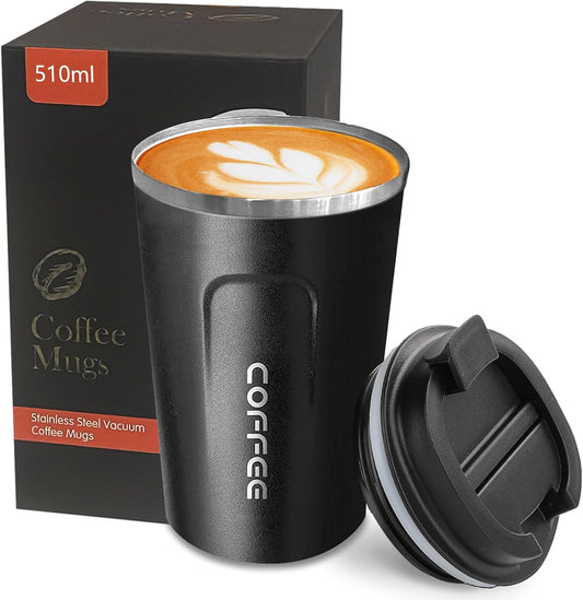 YINBAOGE Insulated Travel Coffee Mug Spill Proof Leak Proof Pobtable To Go Camping Stainless Steel Coffee Tumbler Reusable Coffee Cups with Lids Thermos for Hot and Cold Drink (2nd-Black, 17 OZ)