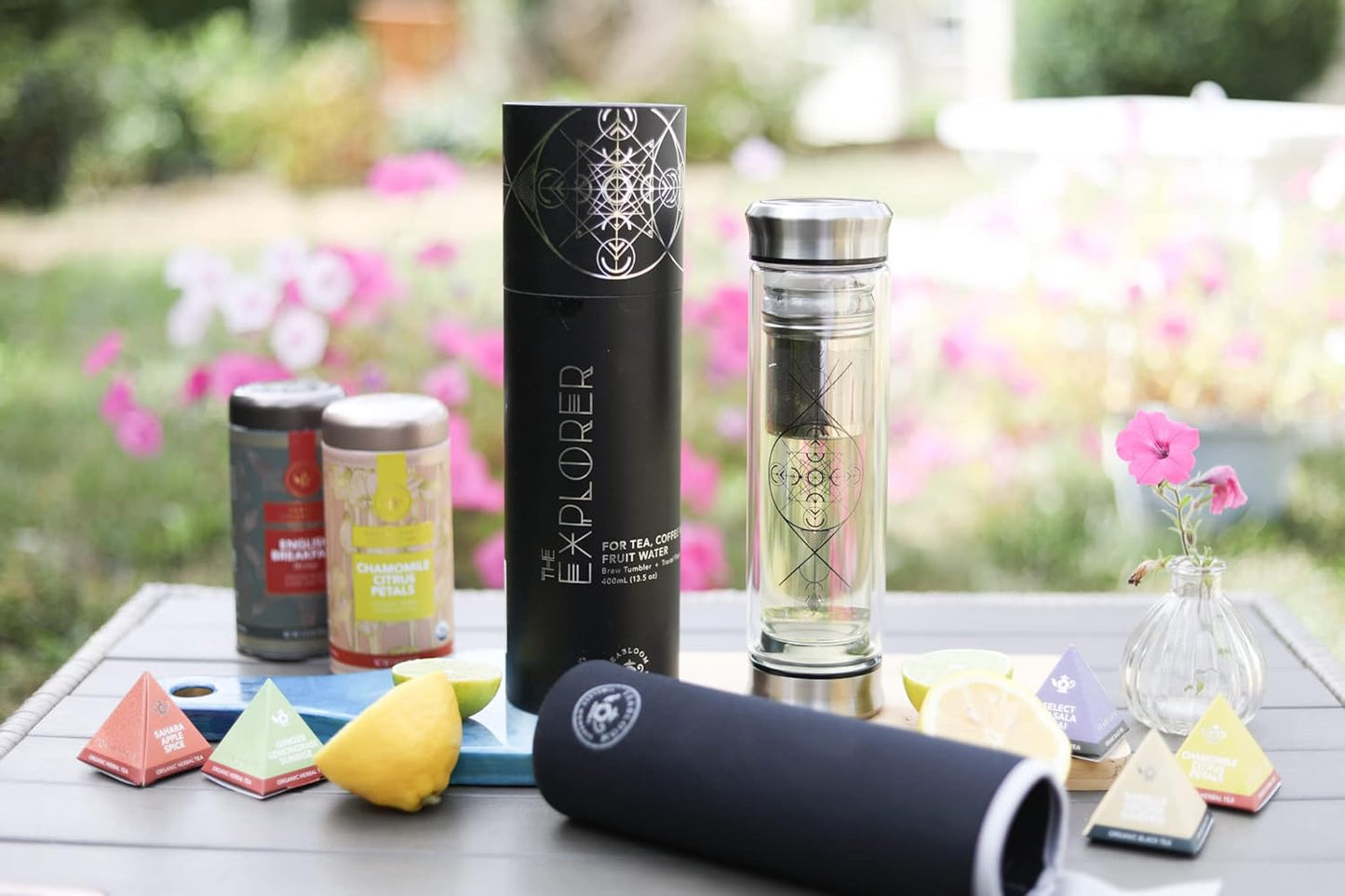 Teabloom All-Beverage Infusion Bottle – 14 oz / 400 ml – Double Wall Insulated Glass Travel Flask – Hot Tea & Cold Brew Coffee Thermos – Removable Sleeve