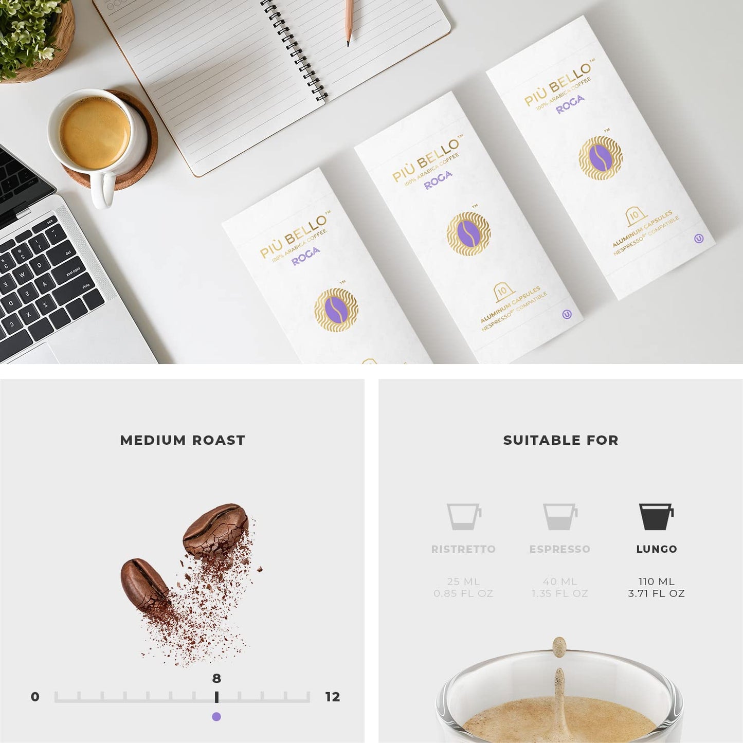 Piu Bello Coffee Pods - Nespresso Machine (Original) Compatible Capsules Pack - Rich & Balanced Taste - Strong Italian Espresso Flavored - Kosher Certified (120 Count Single Flavor) (Roga)