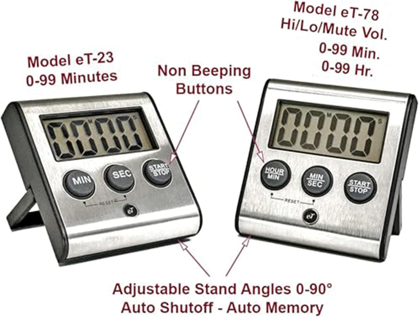 Elegant Digital Kitchen Timer - Stainless Steel Model eT-23, Super Strong Magnetic Back, Loud Alarm, Large Display, Auto Memory, Auto Shut-Off (12-Pack eT-23)