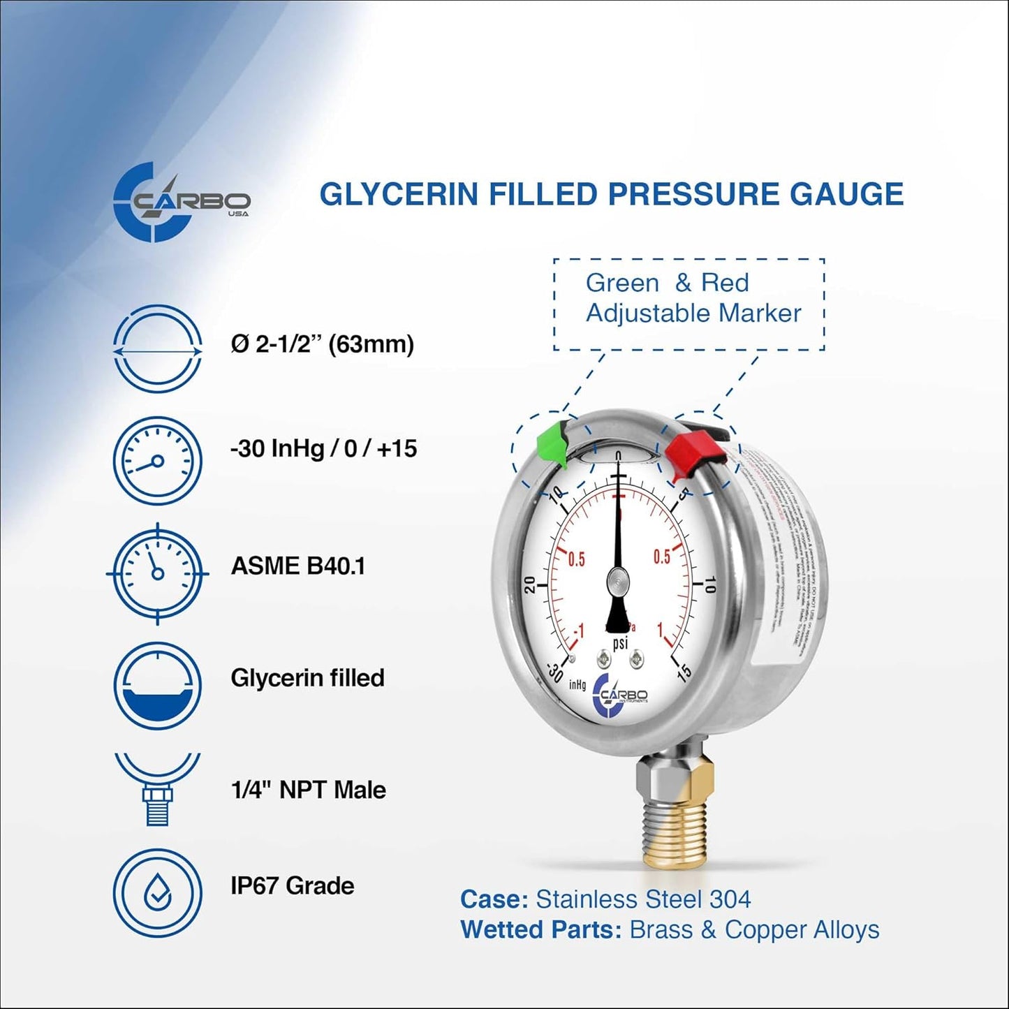 Stainless Steel Pressure Gauge Dual Display (-30/0 / +15 inHg/psi) - 2 1-2" Glycerine Liquid Filled Water Air Oil Gas Gauge with Polycarbonate Lens & Brass Connection - 1/4" NPT