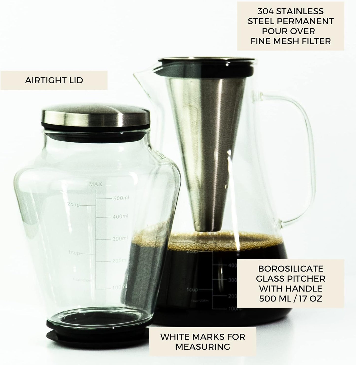 Ice Dripper Cold Brew Coffee Maker - Fire Toughened Borosilicate Glass Pitcher - 304 Stainless Steel Filter - 500ml - Cafe Crush Club