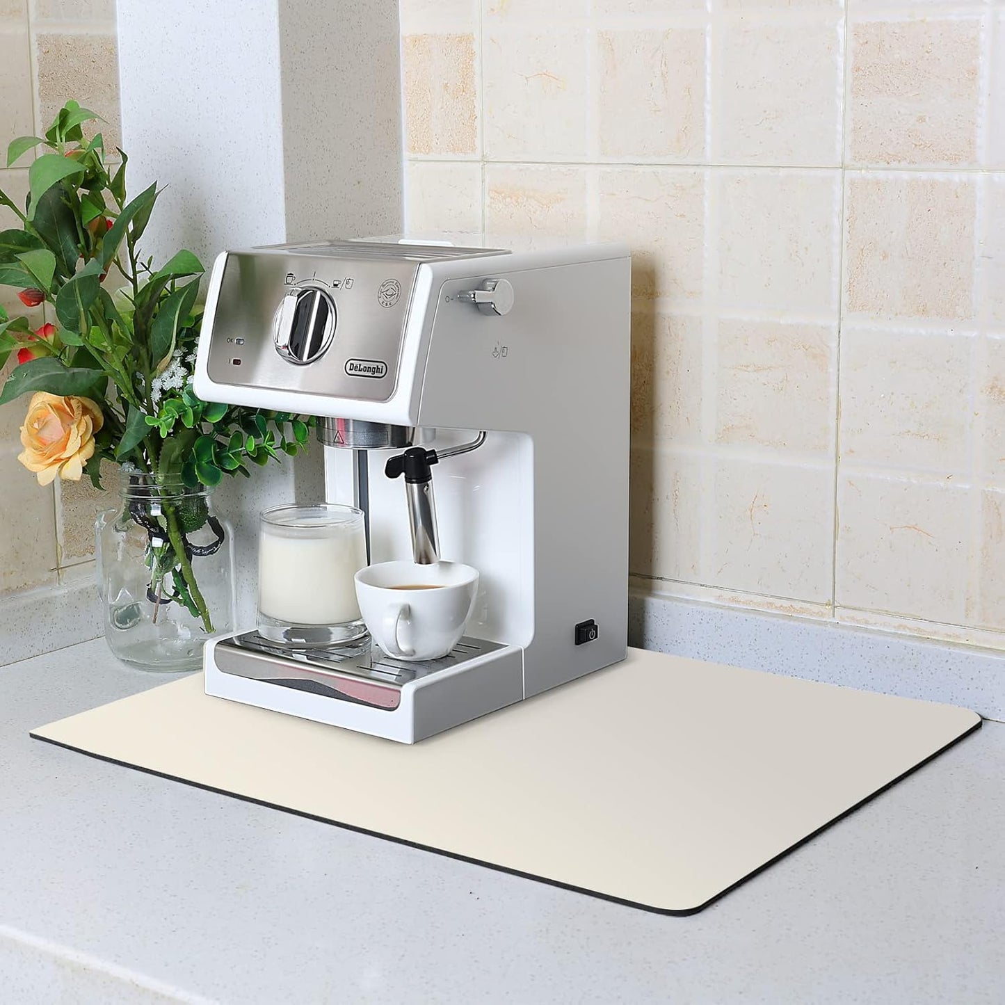 ZLR Coffee Mat - 12" x 16" Small Kitchen Hide Stain Absorbent Dish Drying Mat for Countertop - Easy to Clean Coffee Bar Mat for Espresso Machine and Spill Protection - Creamy