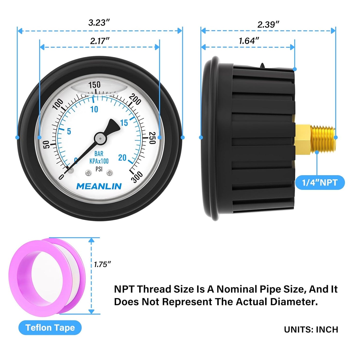 MEANLIN MEASURE 0~300Psi Stainless Steel Liquid Filled Pressure Gauge 1/4" NPT 2.5" FACE DIAL with Rubber Protective Sleeve, Center Back Mount