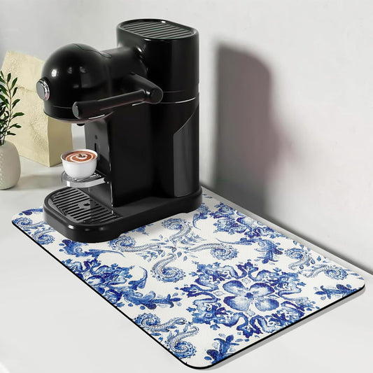 Bloss Dish Drying Mat, 12.2"x19.7" Absorbent Coffee Bar Mat with Waterproof Rubber Back, Fit Under Coffee Maker Machine/Kitchen Counter(Ink Cyan Flower)