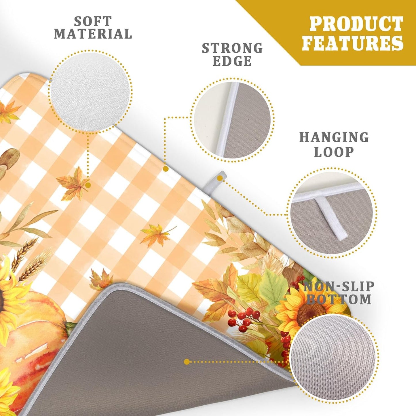 Autumn Maple Leaf Orange White Check Plaids Dish Drying Mat for Kitchen Counter,Fall Sunflower Pumpkin Drying Mat 18 x 24 Inch with Absorbent Reversible Microfiber Dish Drying Pad for Coffee Bar