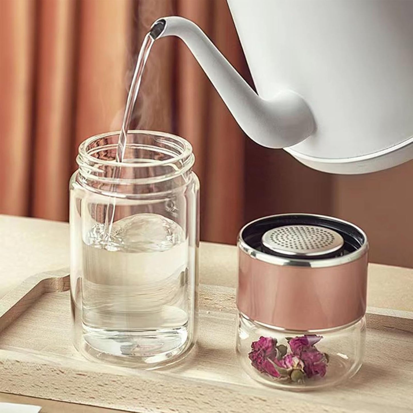 QUROXO 2025 New Tryteava Glass Infuser, Teava 3-In-1 Smart Tea Infuser with Cup Brush, Double-Layer Borosilicate Glass Tryteava Tea infusers Separation Cup (Silver, 420ml (14oz))