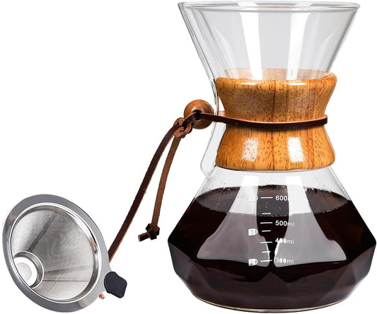 Pour Over Coffee Maker with Reusable Stainless Steel Drip Filter, Lead-Free Borosilicate Glass Coffee Carafe with Modern Wooden Collar for 1-4Cup, Diamond Clear (600ml/20oz)