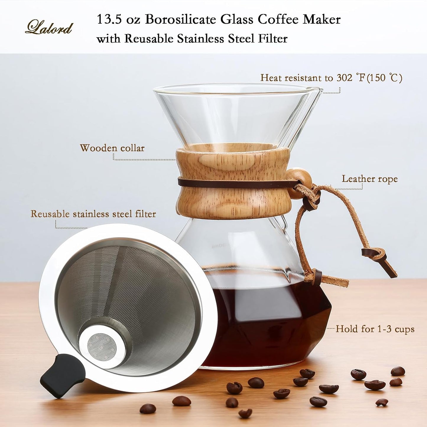 Pour Over Coffee Maker with Stainless Steel Filter, Borosilicate Glass Coffee Carafe, Modern Wooden Collar, Coffee Maker Carafe, Hold 2 Cups, 400 ml/13.5 oz, Clear