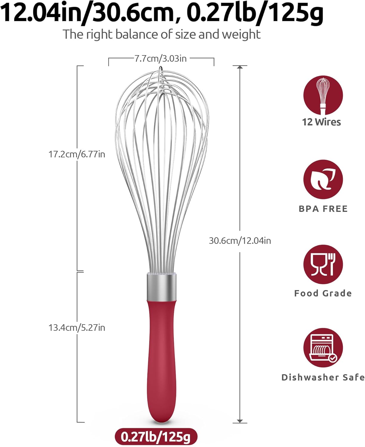 U-Taste Balloon Whisk for Cooking: 18/10 Stainless Steel Kitchen Wire Whisk, 12in Large Heavy Duty Egg Beater, Manual Mixing Tool with 12 High Flex Wires for Stirring, Blending Sauce (Red)