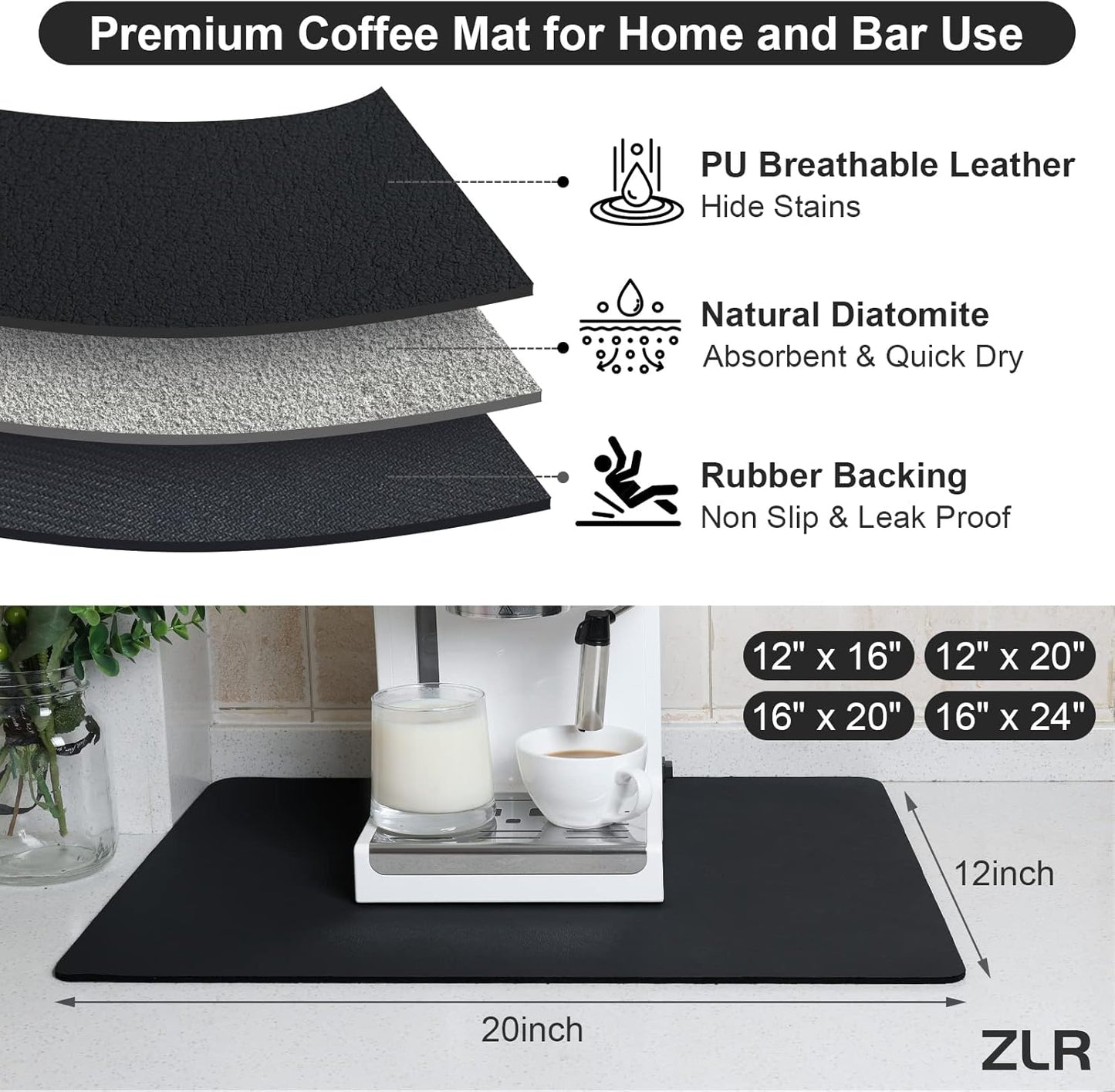 ZLR Coffee Mat - 12" x 20" Middle Kitchen Hide Stain Absorbent Dish Drying Mat for Countertop - Easy to Clean Coffee Bar Mat for Espresso Machine and Spill Protection - Black