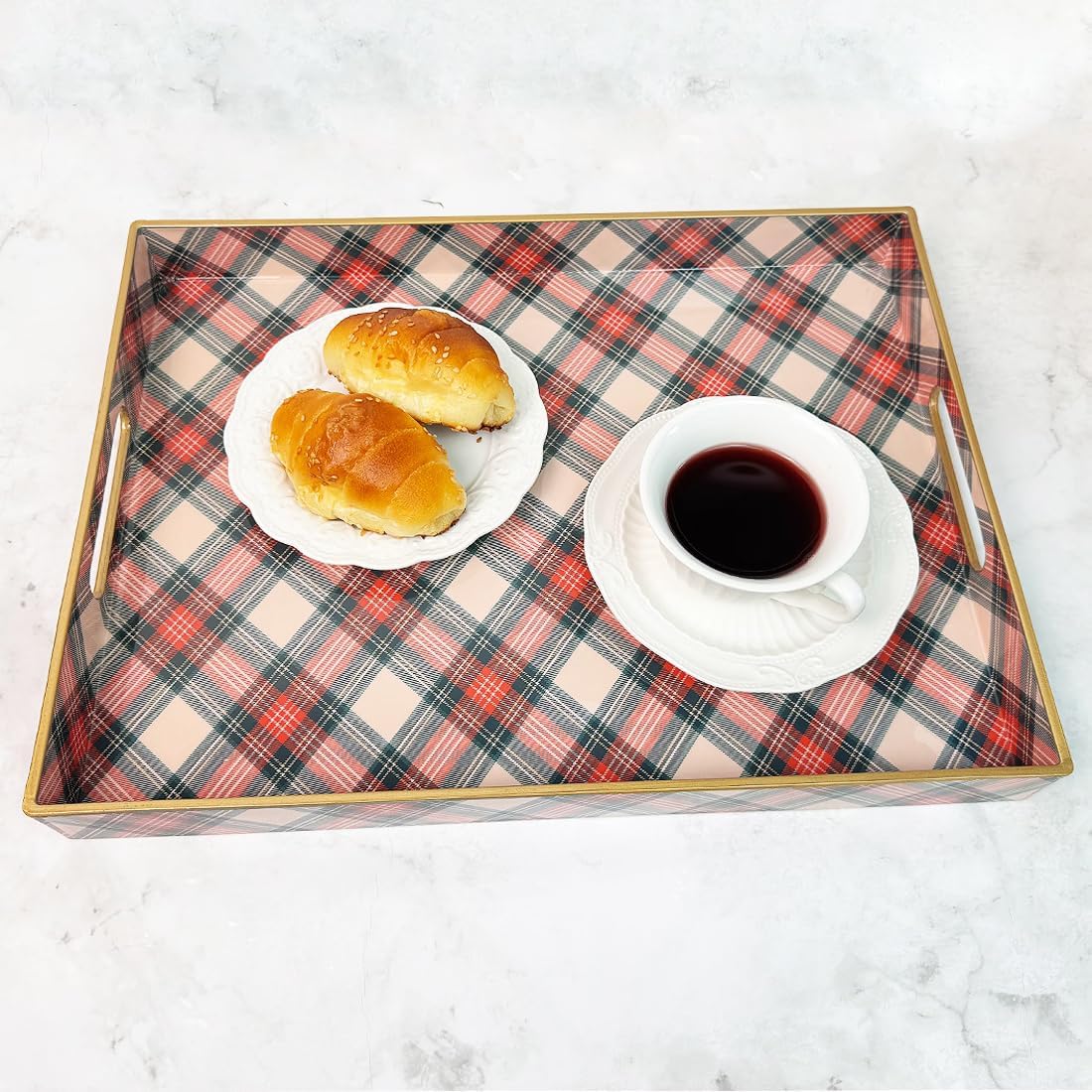 Rectangular Decorative Tray with Handles, Plastic Serving Tray for Living Room, Home Decor, Christmas，15.7" x 11.8" Red Plaid
