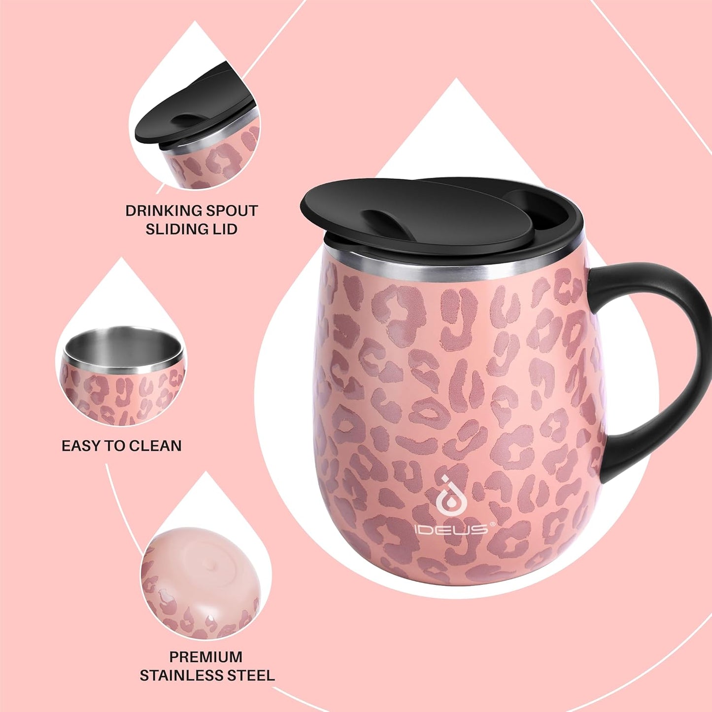 Ideus 16 oz (470 ml) Insulated Coffee Mug with Handle and Lid, Double Wall Stainless Steel Vacuum Thermal Coffee Mug, Travel Coffee Cup Thermal Cup for Home and Office, Leopard Pink