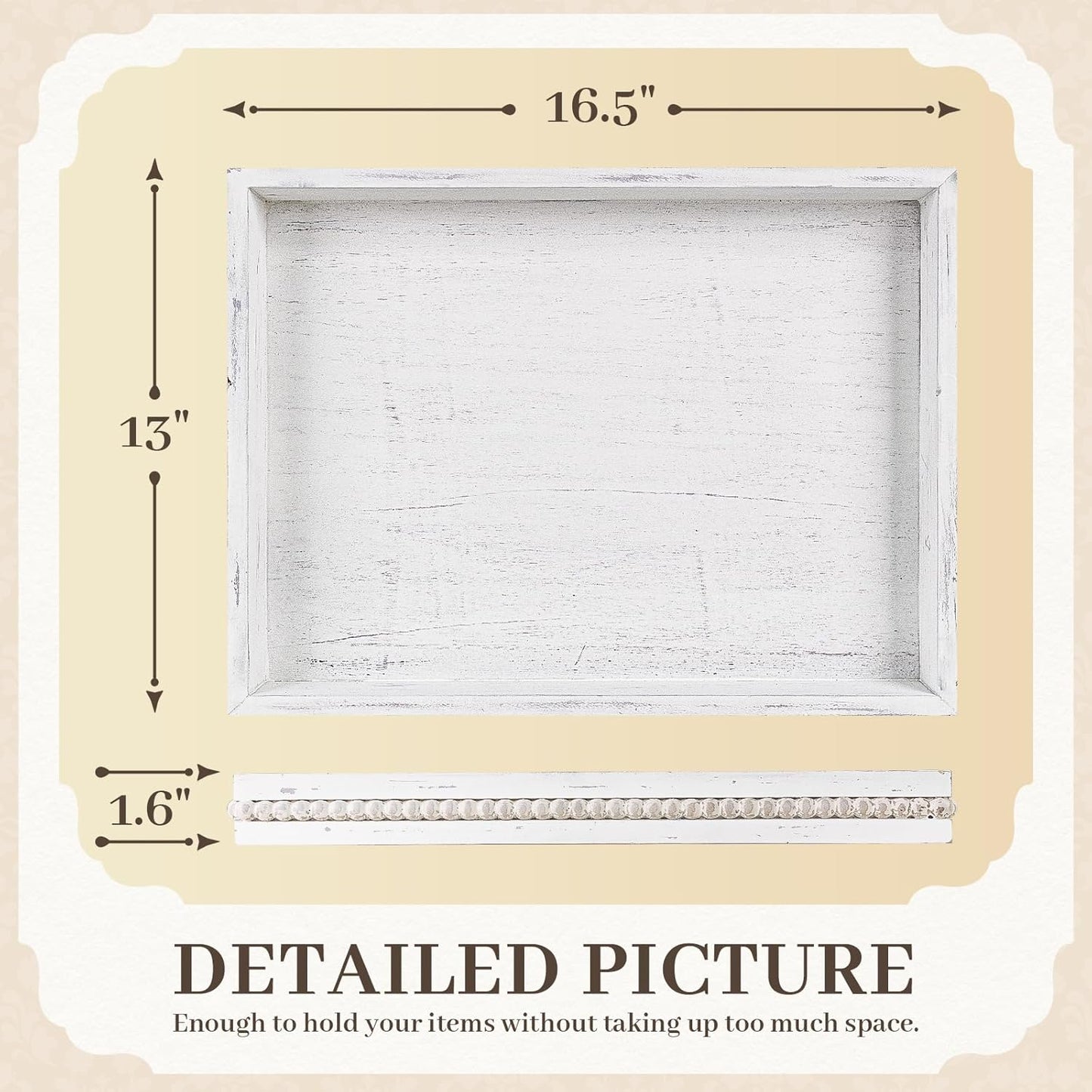 Wooden Decorative Tray, Rectangular Serving Tray with Wood Bead, Farmhouse Big Tray for Ottoman, Countertop, Coffee Tabl, 16.5" x 13"x 1.6" (Retro White)