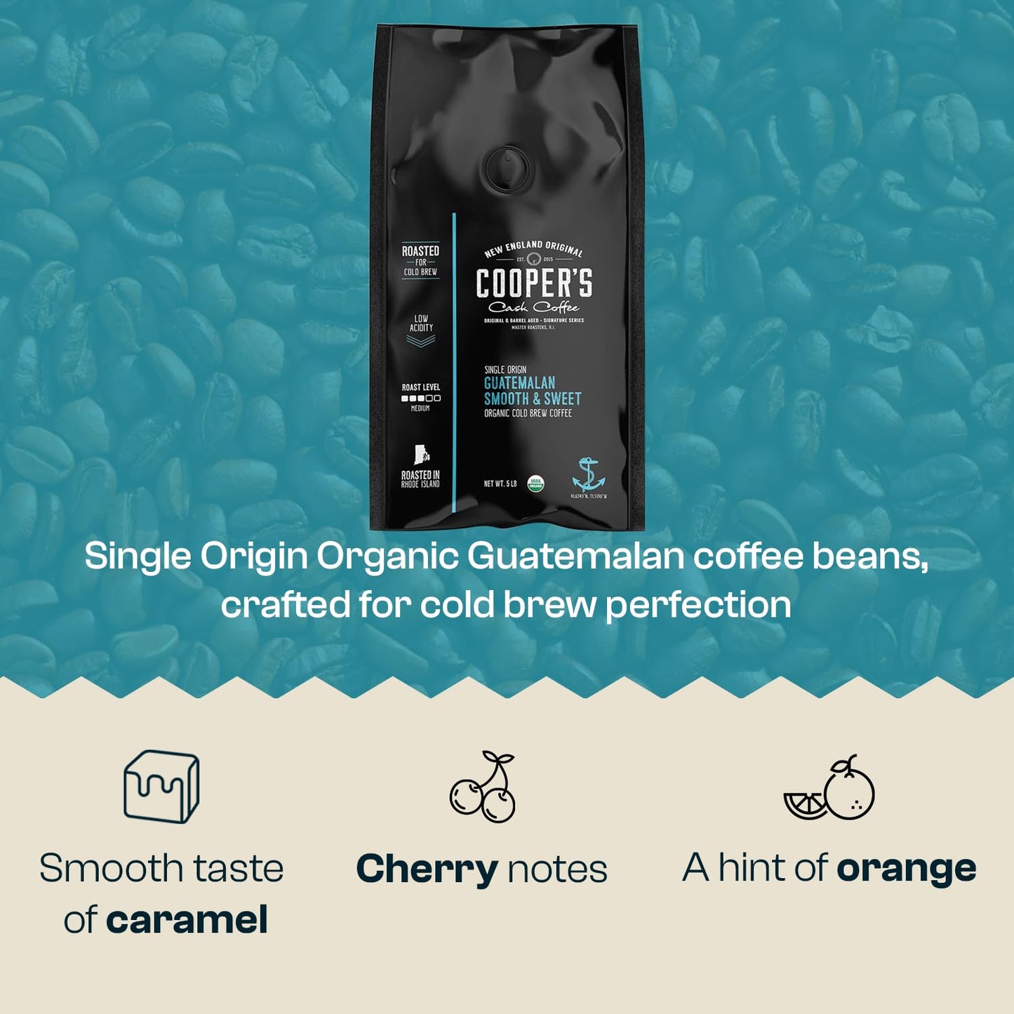 Organic Cold Brew Coffee - Guatemalan Coffee Beans Crafted For Cold Brewing - Whole Bean or Coarse Grind, Medium Roast, 5 lb