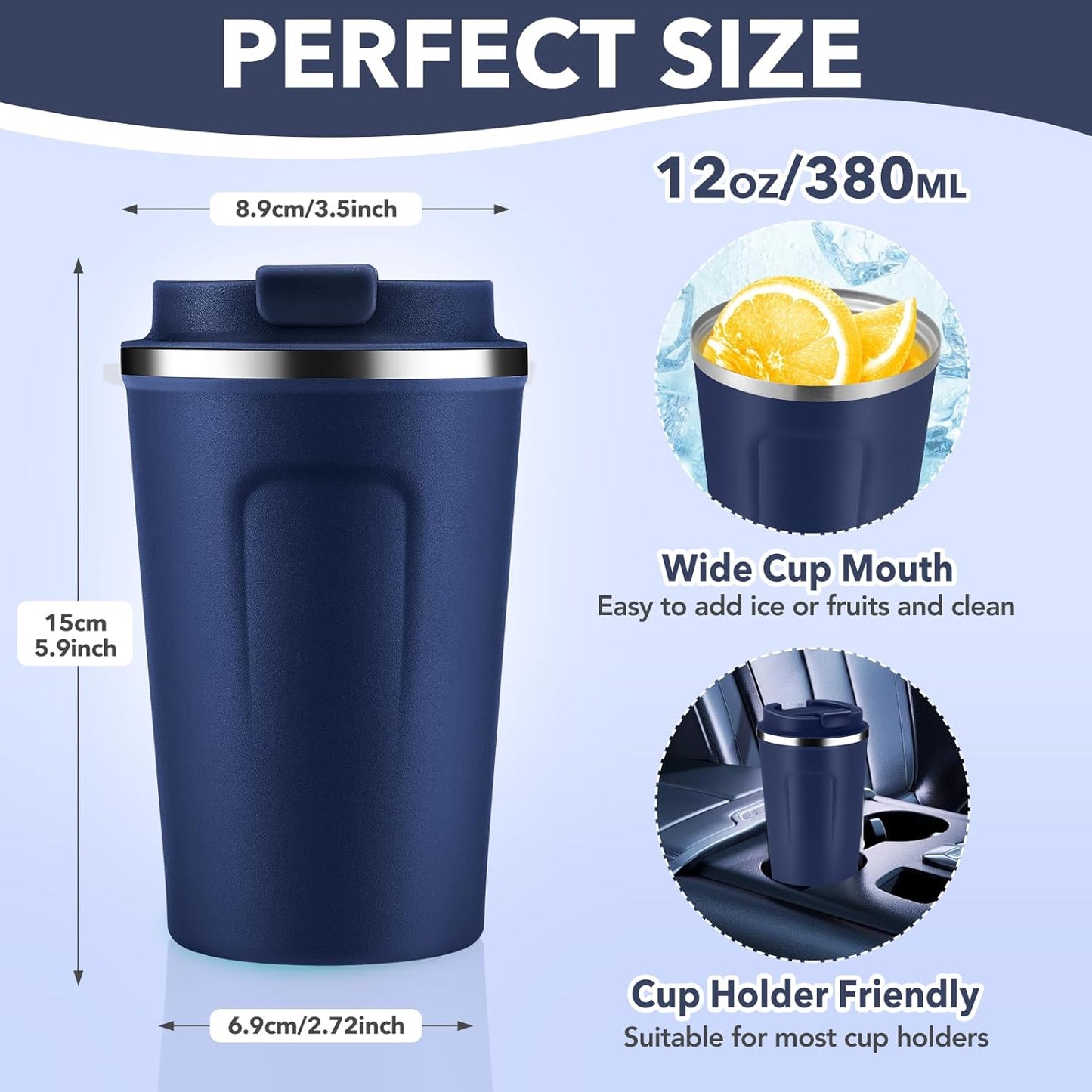 Volhoply 12 oz Double Wall Insulated Vacuum Travel Coffee Mugs with Flip Lid Bulk 2 Pack,Reusable Stainless Steel Leak Proof Coffee Cup,Portable Cafe Thermal Tumbler for Hot & Cold Drinks(Navy,2 Set)