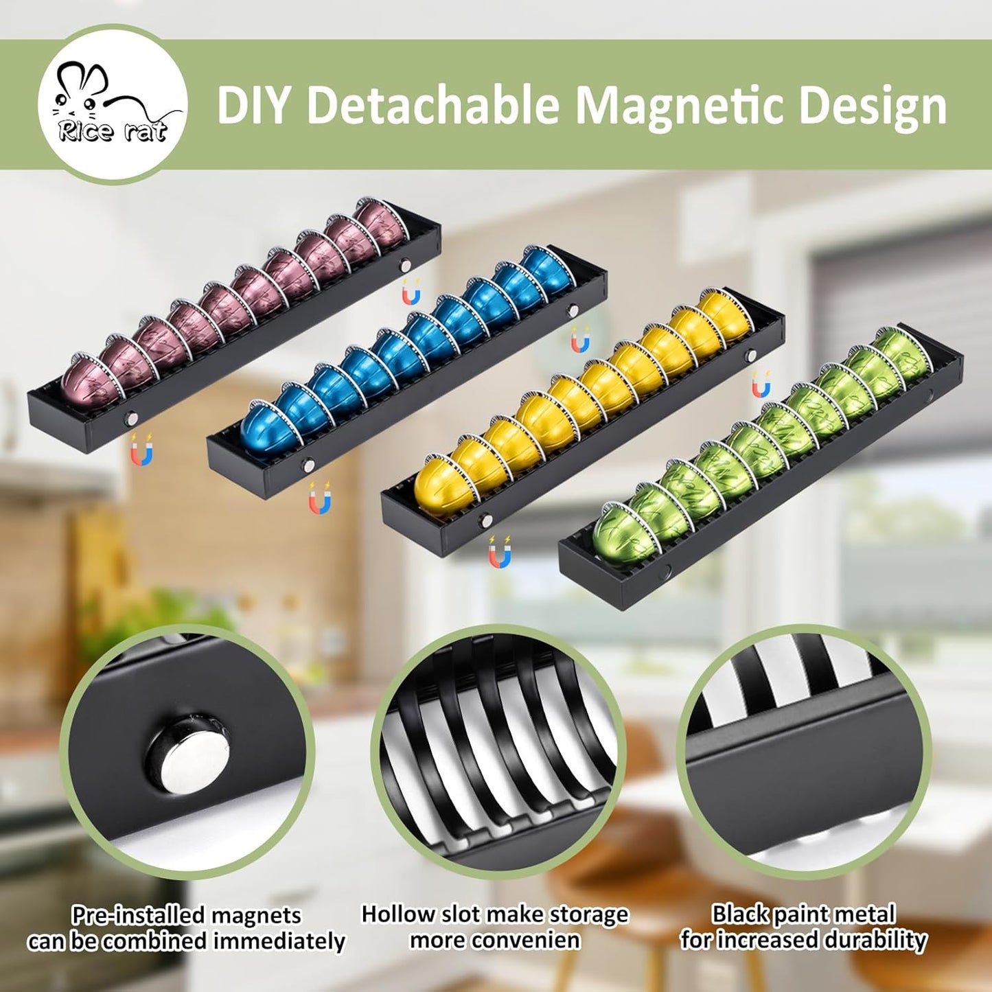 Rice rat Coffee Pod Holder Drawer Organizer Insert for Counter,Nespresso Pod Holder DIY Magnetic Connect Black Metal(4 Packs)