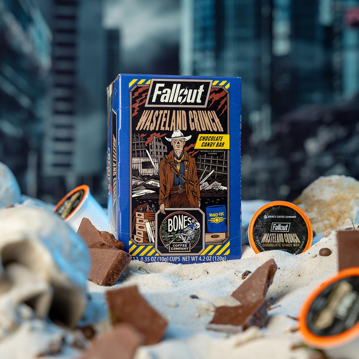Bones Coffee Company Fallout Wasteland Crunch, Chocolate Candy Bar Flavored Coffee Pods, Low Acid Medium Roast Single-Serve Bones Cups, Compatible with 1.0 & 2.0 Capsule Brewers Coffee Maker, 12 Count