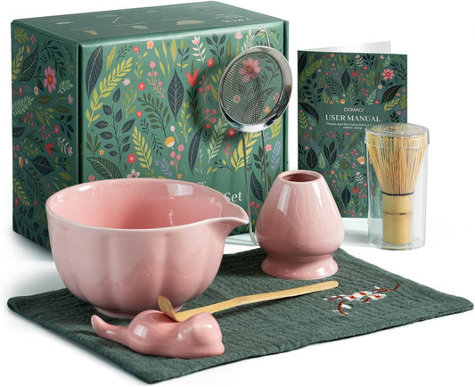 Pink Matcha Kit, 7 Pcs Matcha Whisk Set Includes Matcha Bowl with Spout, Bamboo Whisk, Chasen Holder, Sifter, Scoop and Rest, Tea Towel, Matcha Making Kit Tools for Family/Friend