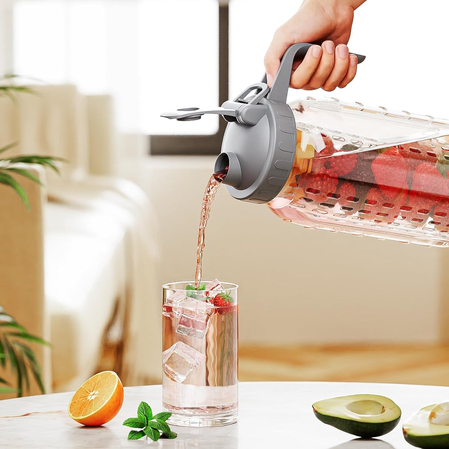 Fruit Infuser Water Pitcher,Glass Mason Jar Pitcher,64oz(2 Quart) Wide Mouth Jug with Pour Spout Handle Lid for Fruit Drinks,Cold Brew Coffee,Ice Beverage,Iced Juice,Lemonade,Sun Tea Container