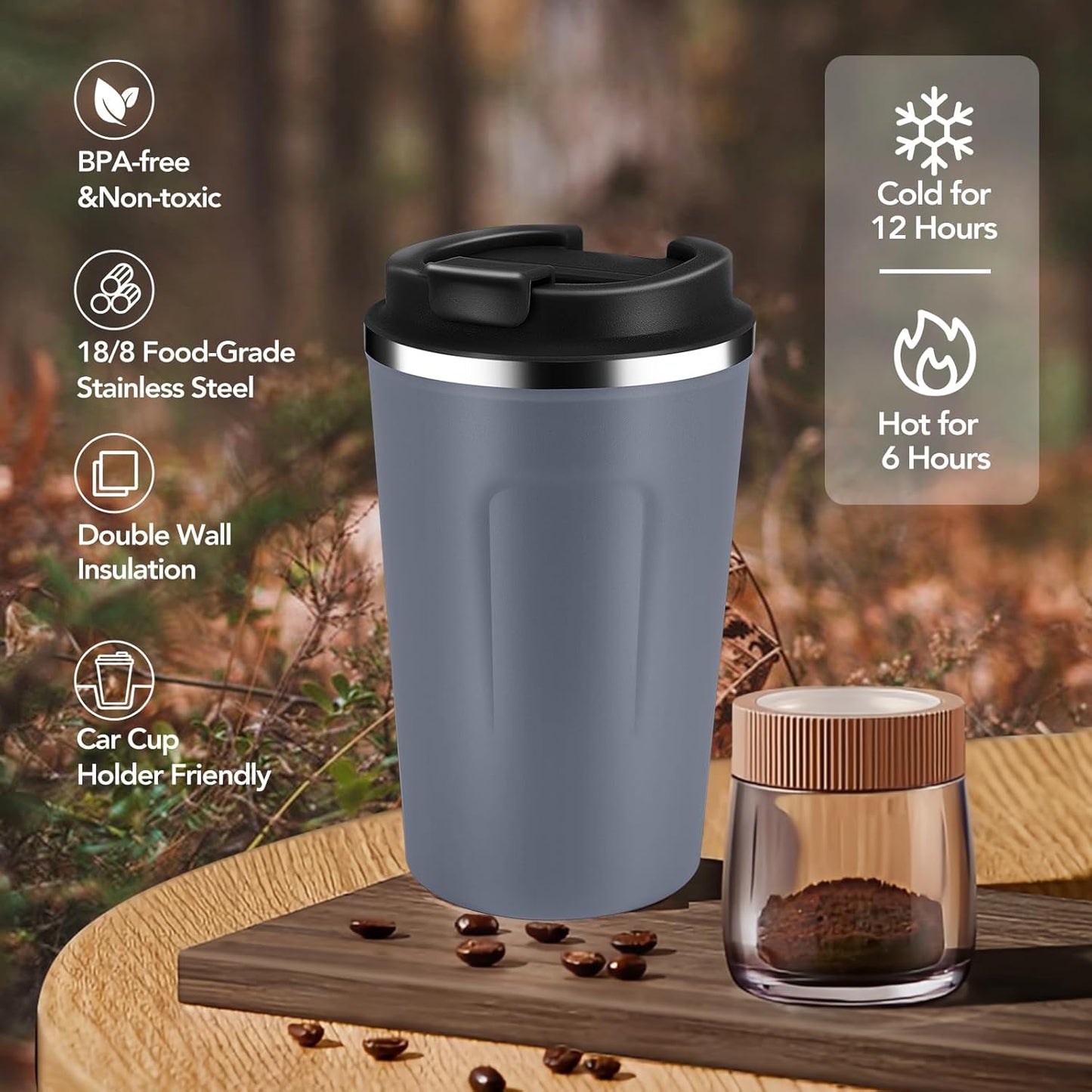Volhoply 12 oz Double Wall Insulated Vacuum Travel Coffee Mug with Flip Lid,Reusable Stainless Steel Leak Proof Coffee Cup,Portable Iced Cafe Thermal Tumbler Suitable for Hot & Cold Drinks(Gray,1 Set)