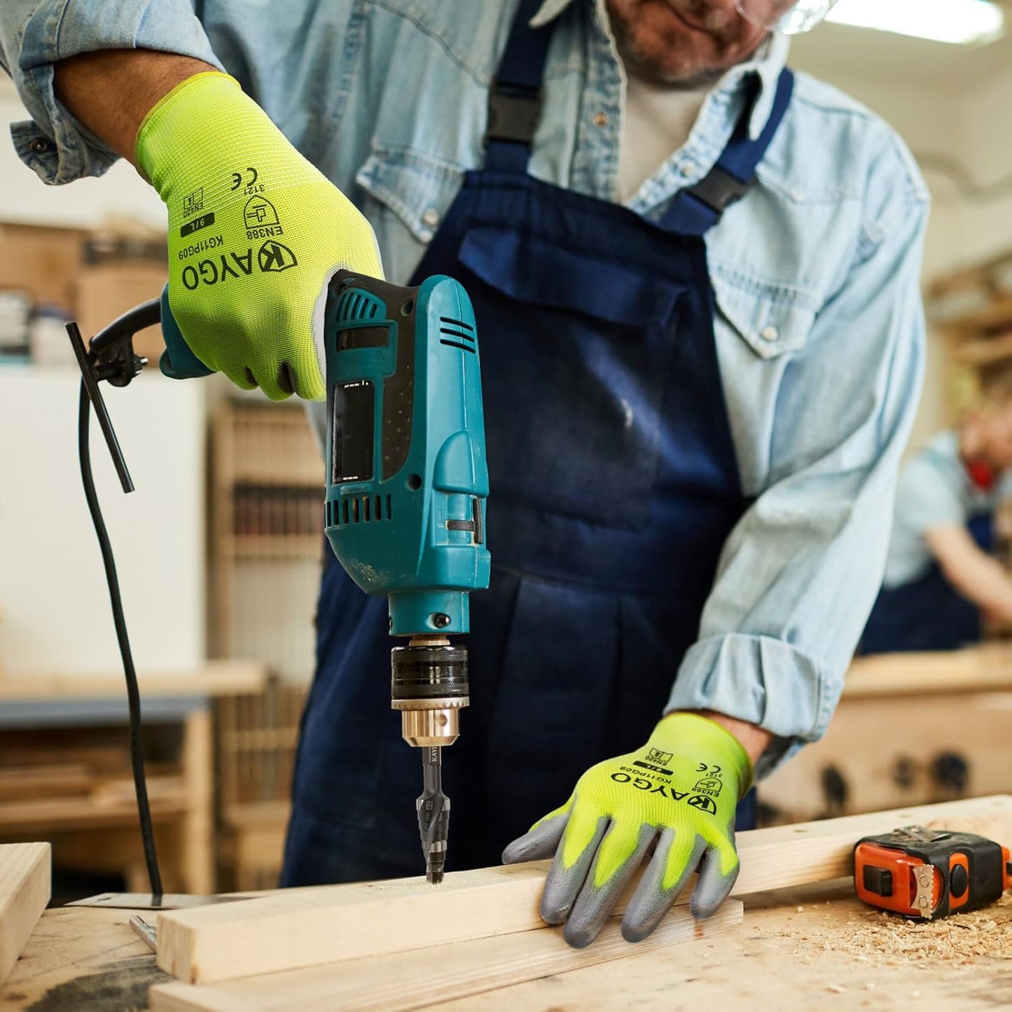 KAYGO Safety Work Gloves PU Coated for Men and Women- KG11P,12 Pairs,Seamless Knit Glove with Two Fingers Touchscreen,Ideal for General Duty Work (Green,M)