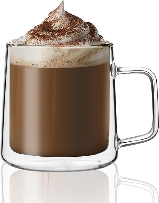 CNGLASS Double Wall Glass Coffee Mugs 15.2oz(450ml),Large Clear Insulated Glass Espresso Cup with Handle,Set of 1