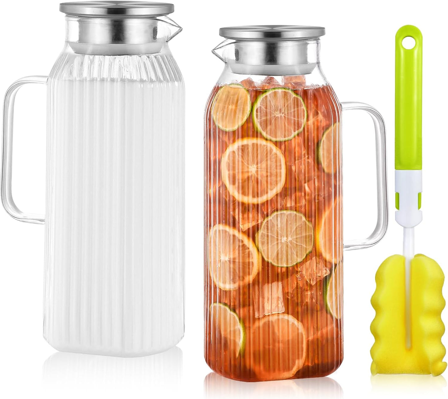 2 Liters/68oz 2 Pack Stripes Glass Pitcher with Lid and Handle for Bridge Door, Aofmee Borosilicate Glass Heat Resistant Dishwasher Safe Iced Tea Jar, Carafe with Scale Line for Hot/Cold Beverage