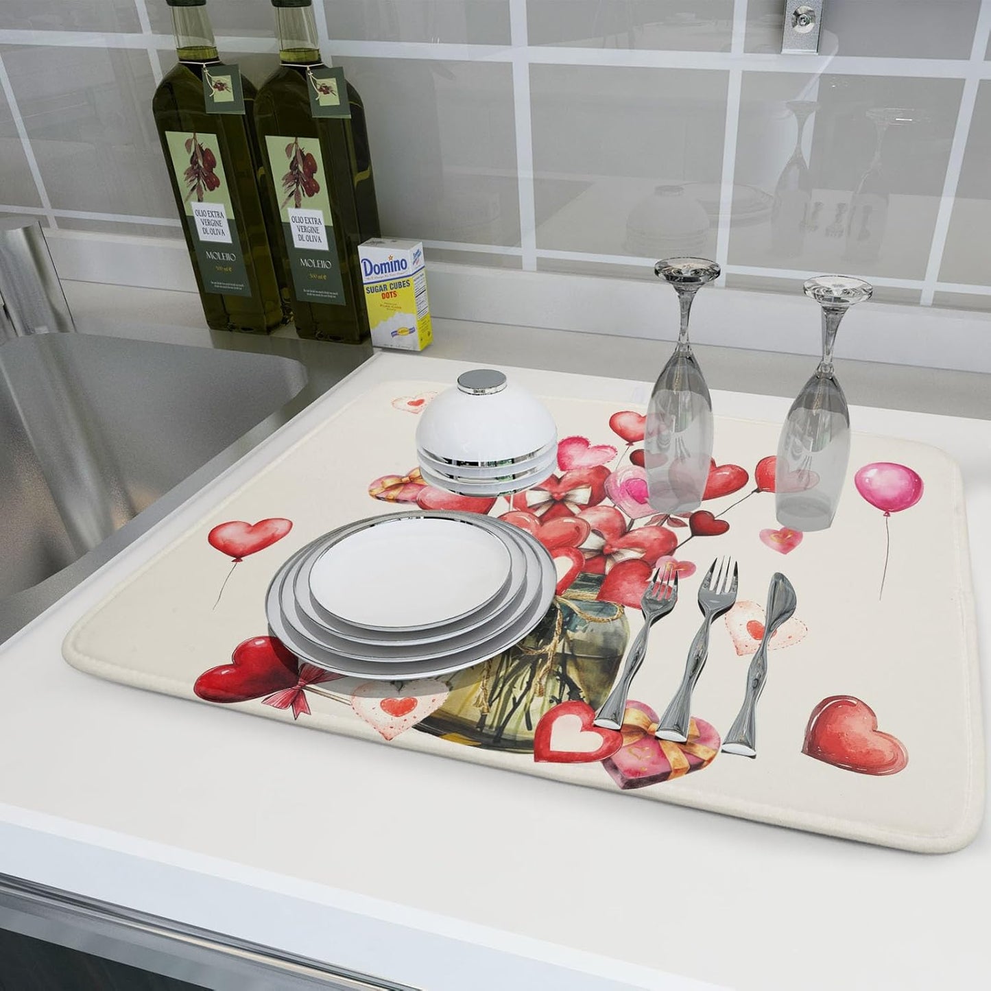 Valentine's Day Dish Drying Mat for Kitchen Counter,Red Love Canes Hearts Decorative Mason Jar Drying Mat 18 x 24 Inch with High Absorbent Microfiber Drainer Mat for Coffee Bar
