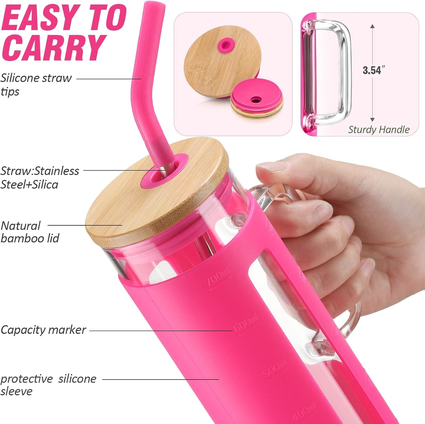 Kodrine 24 oz Glass Tumbler with Handle, Iced Coffee Cup Boba Smoothie Cup, Bamboo Lid Home Office Tumbler, Rose Red