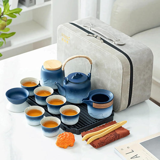 ICHAG Chinese Tea Set, Japanese Tea Sets for Adults, 15-Piece Porcelain Gongfu Tea Set with Tea Pet & Tea Tray, Japanese Teapot Set, Travel Tea Party Set, for Home/Office/Outdoor/Gifts (Blue)