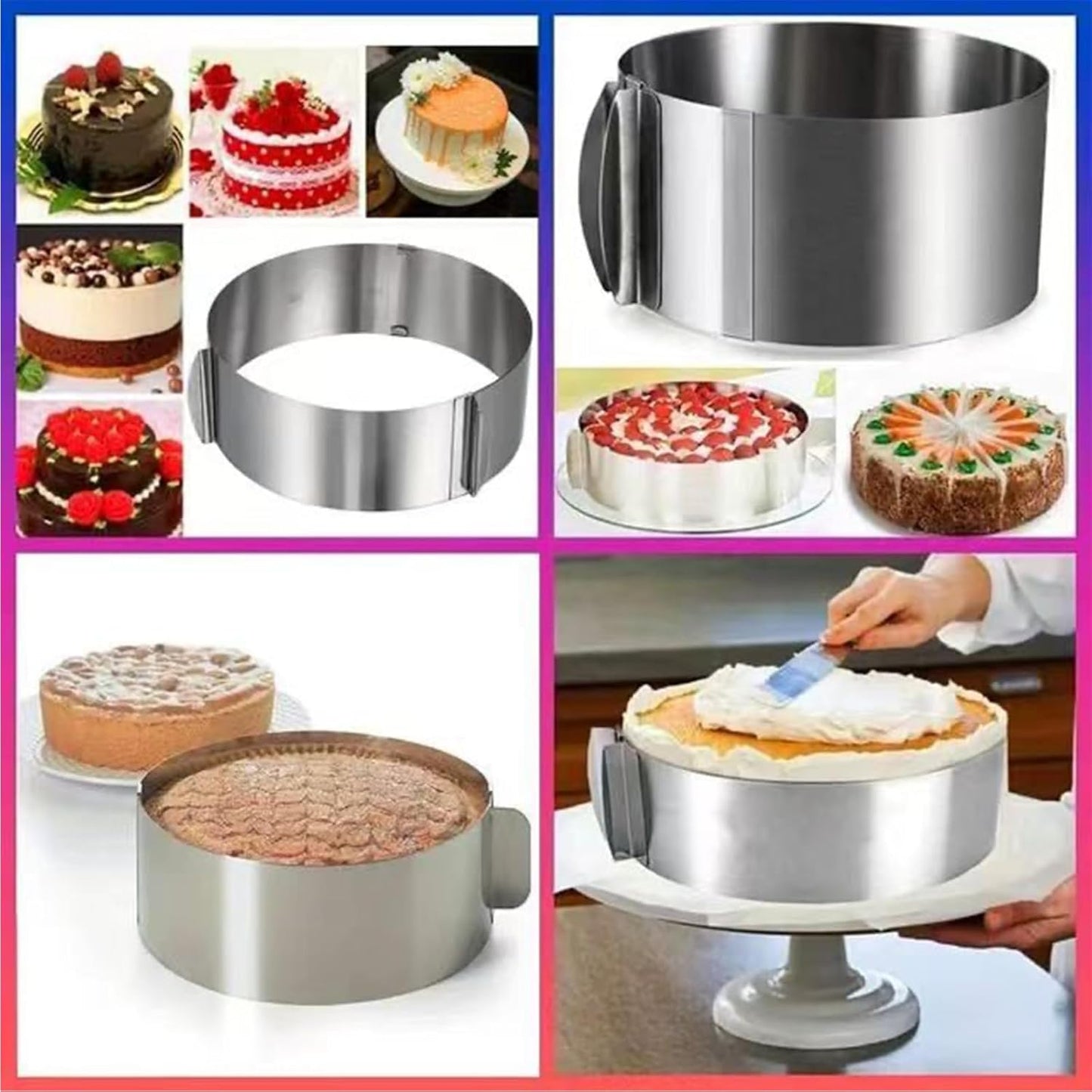 HcirjhieCake Mold-Cake Ring-Adjustable Round Stainless Steel 6 to 12 Inch Cake Mold - Stainless Steel 3 inch Dessert Mousse Molds withCake Baking Supplies（2-piece set）
