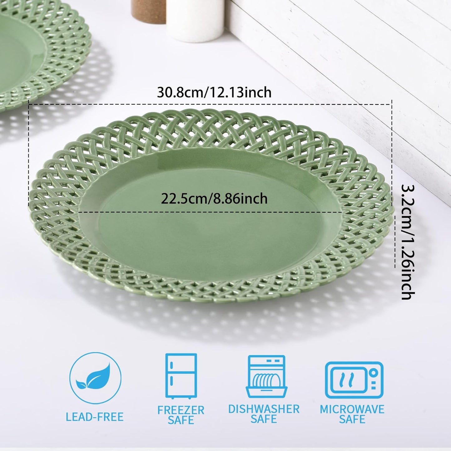 Graceful Basketweave Wide Rim 12 inch Dinner Plates, Extra Large Round Platter Scallop Serving Tray Set of 4, for Restaurant, Kitchen, Party, Home, Wedding, Gift, Microwave Dishwasher Safe, Sage Green