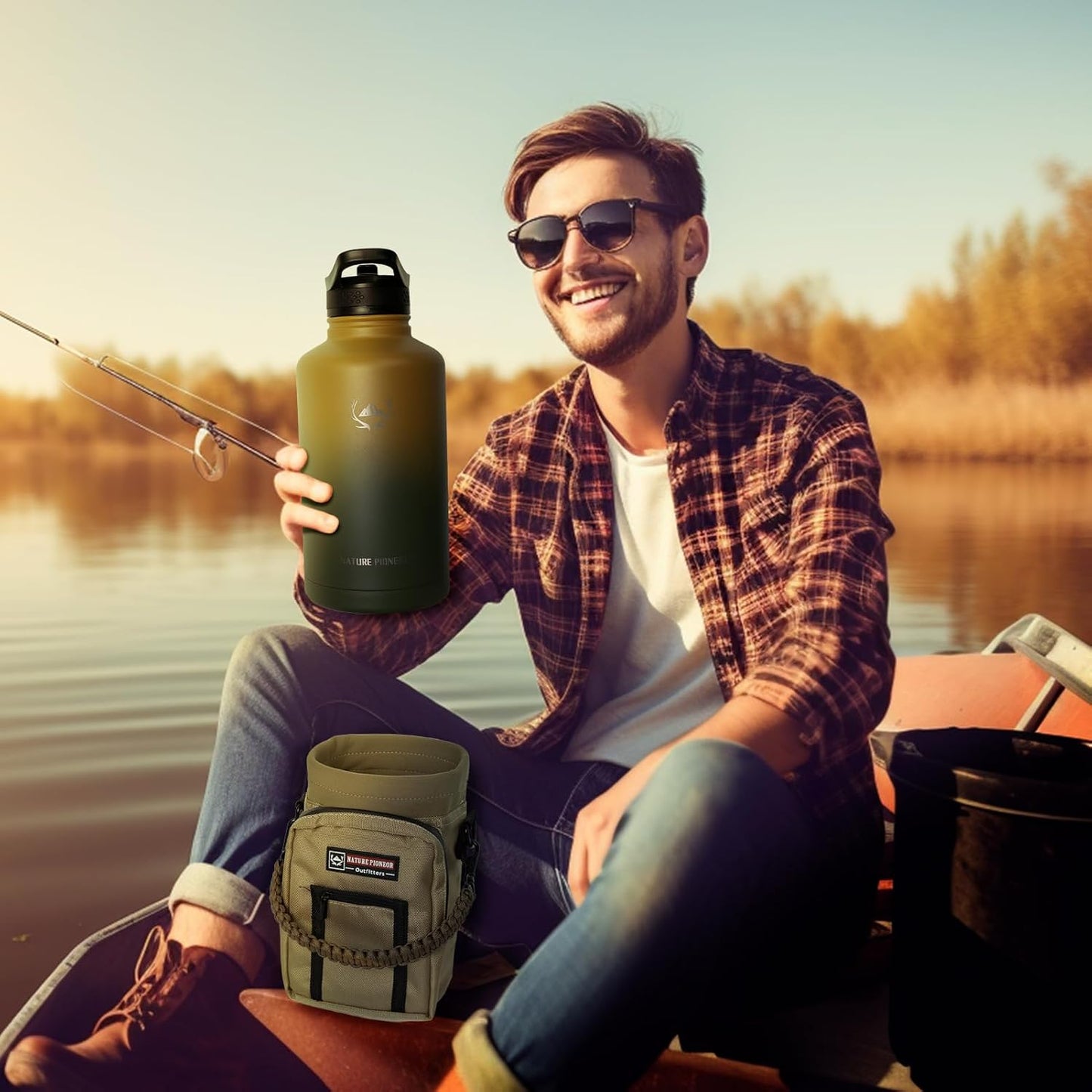 NATURE PIONEOR Insulated Water Bottles with Straw - 64oz Stainless Steel Vacuum Bottle with Holder/Carrier/Sleeve - Reusable 18/8 Food Grade Half Gallon Water Jug